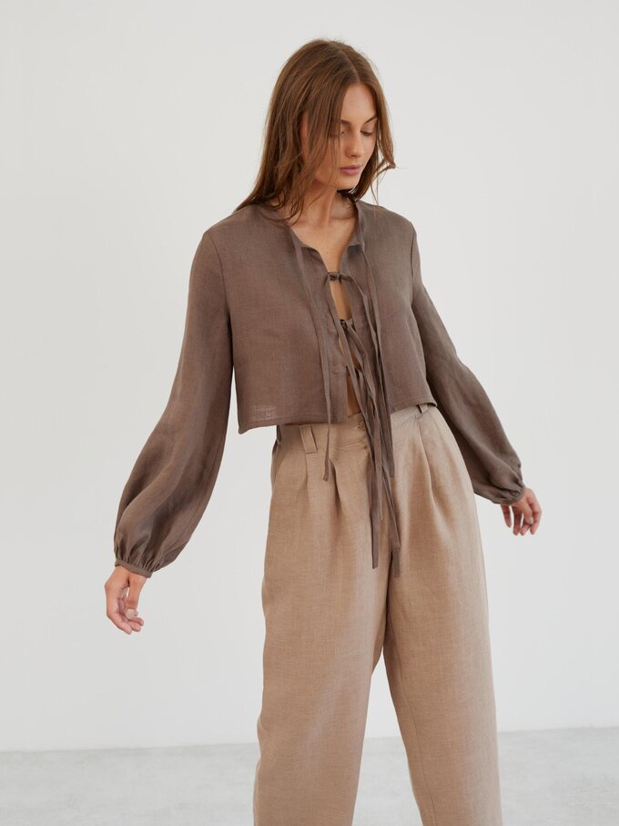 Image 5 of Long Sleeve Tie Front Linen Blouse in Cocoa KOA from Love and Confuse | Handmade Linen Clothing for Women