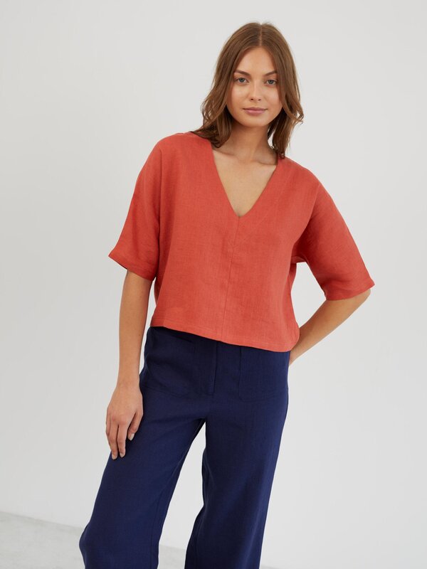 Image 1 of Linen Linen V Neck Blouse in Burnt Orange BRIANNA from Love and Confuse | Handmade Linen Clothing for Women