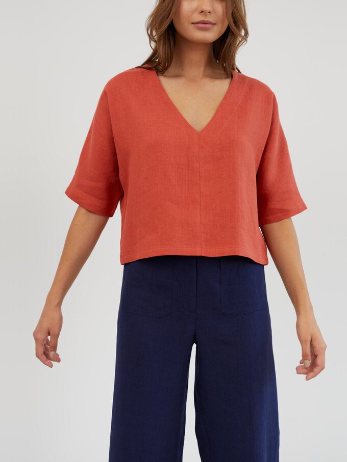 Image 3 of Linen Linen V Neck Blouse in Burnt Orange BRIANNA from Love and Confuse | Handmade Linen Clothing for Women