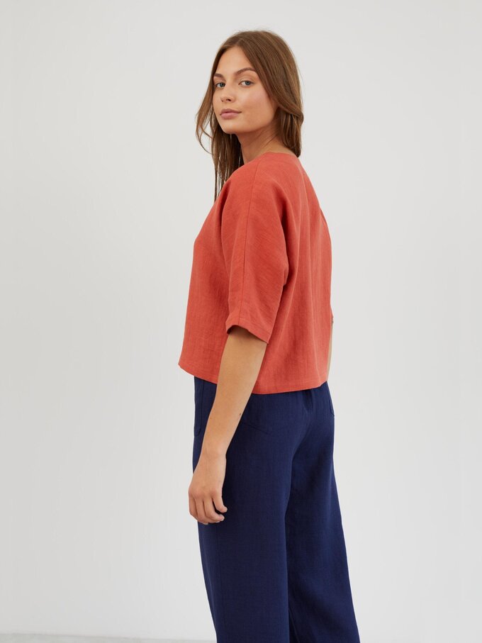 Image 4 of Linen Linen V Neck Blouse in Burnt Orange BRIANNA from Love and Confuse | Handmade Linen Clothing for Women