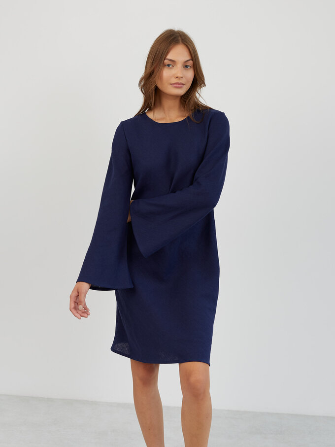 Image 1 of Bell Sleeve Short Linen Dress in Navy Blue LORELEI from Love and Confuse | Handmade Linen Clothing for Women