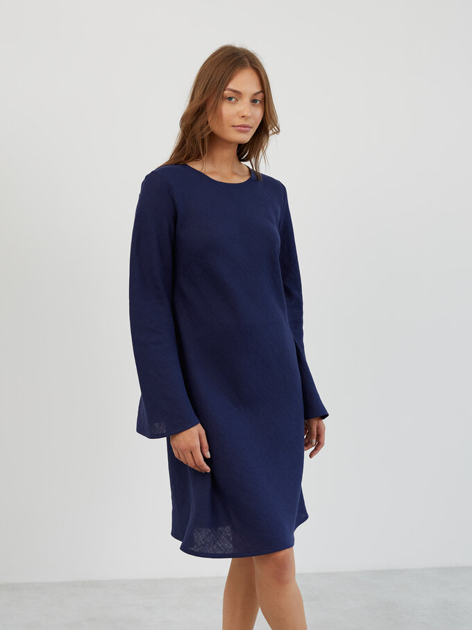 Image 3 of Bell Sleeve Short Linen Dress in Navy Blue LORELEI from Love and Confuse | Handmade Linen Clothing for Women