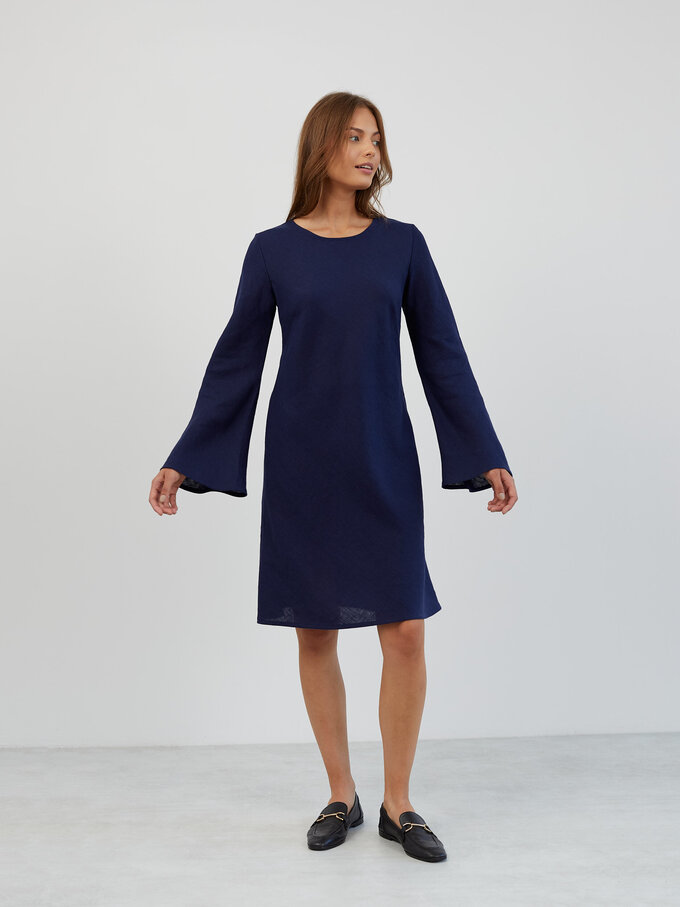 Image 4 of Bell Sleeve Short Linen Dress in Navy Blue LORELEI from Love and Confuse | Handmade Linen Clothing for Women