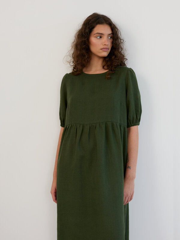 Image 1 of Linen Puff Sleeve Empire Waist Midi Dress in Forest Green ESME from Love and Confuse | Handmade Linen Clothing for Women