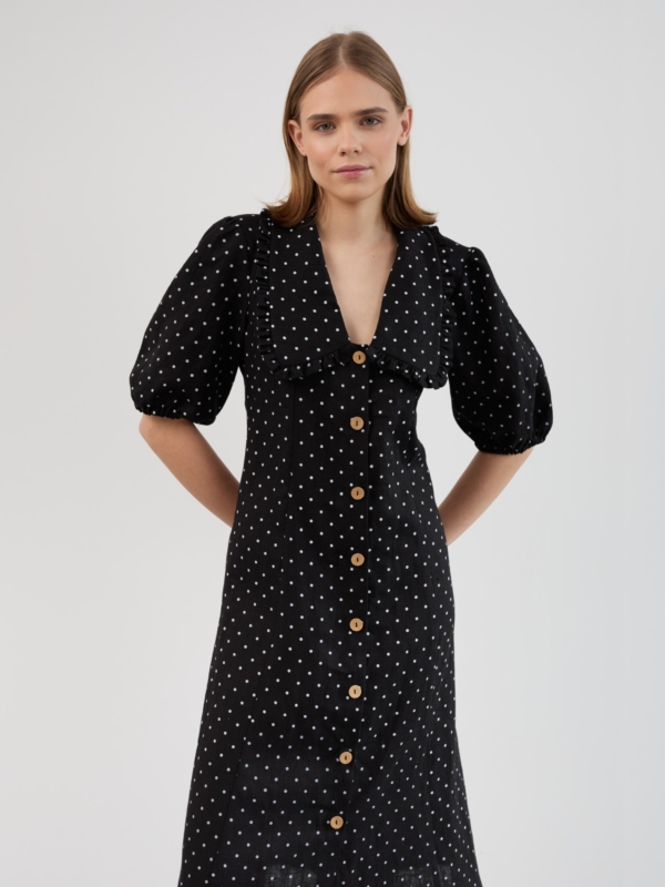 Image 1 of AUBREY Linen Midi Dress with Ruffled Collar, Puff Sleeves and Button Front in Black Polka Dot