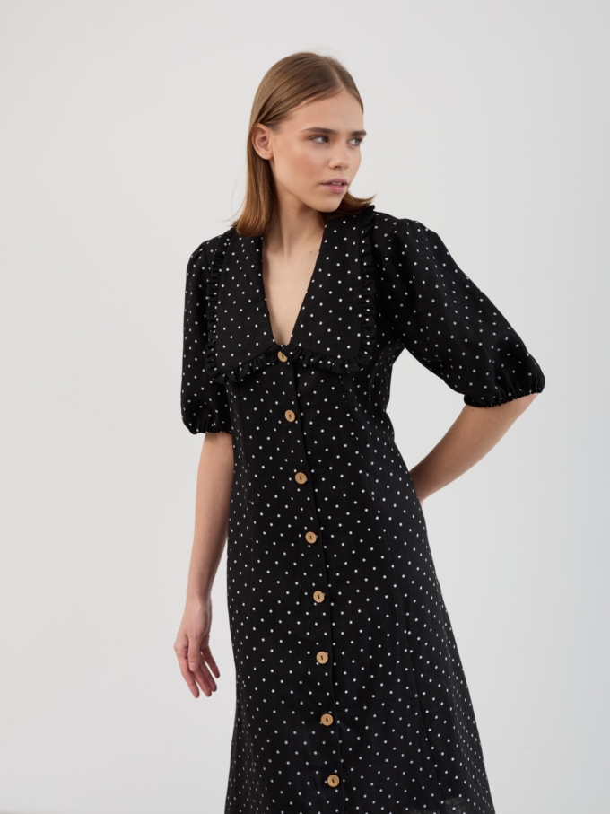 Image 3 of AUBREY Linen Midi Dress with Ruffled Collar, Puff Sleeves and Button Front in Black Polka Dot