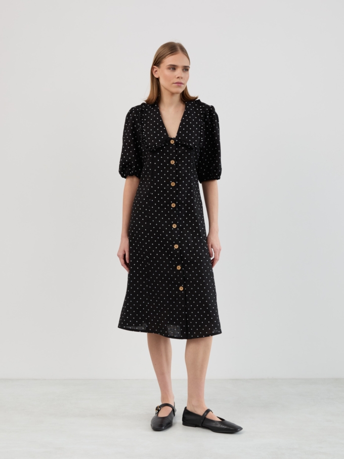 Image 4 of AUBREY Linen Midi Dress with Ruffled Collar, Puff Sleeves and Button Front in Black Polka Dot