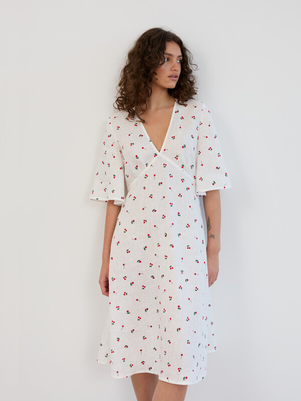 Image 1 of Linen Midi Dress with Short Bell Sleeves in Cherry Print VIVIEN from Love and Confuse | Handmade Linen Clothing for Women