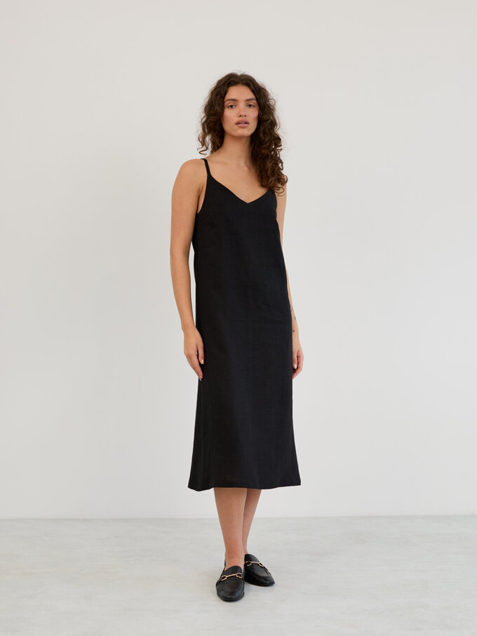 Image 1 of Linen V-Neck Slip Midi Dress in Black WILLOW from Love and Confuse | Handmade Linen Clothing for Women