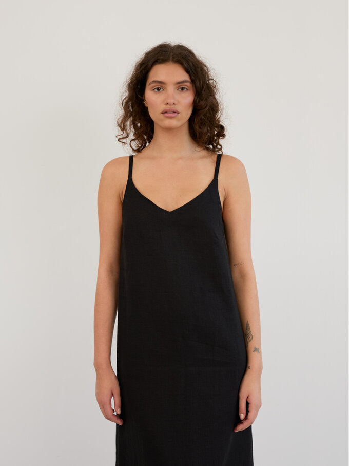 Image 2 of Linen V-Neck Slip Midi Dress in Black WILLOW from Love and Confuse | Handmade Linen Clothing for Women