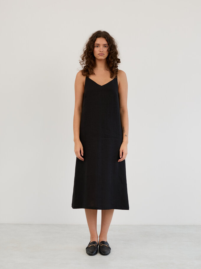 Image 3 of Linen V-Neck Slip Midi Dress in Black WILLOW from Love and Confuse | Handmade Linen Clothing for Women