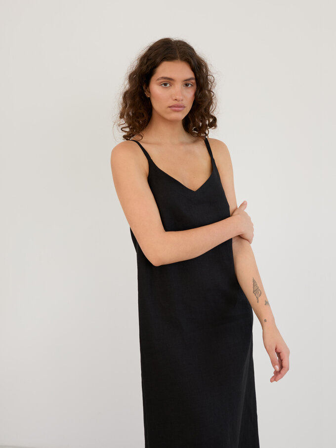 Image 4 of Linen V-Neck Slip Midi Dress in Black WILLOW from Love and Confuse | Handmade Linen Clothing for Women