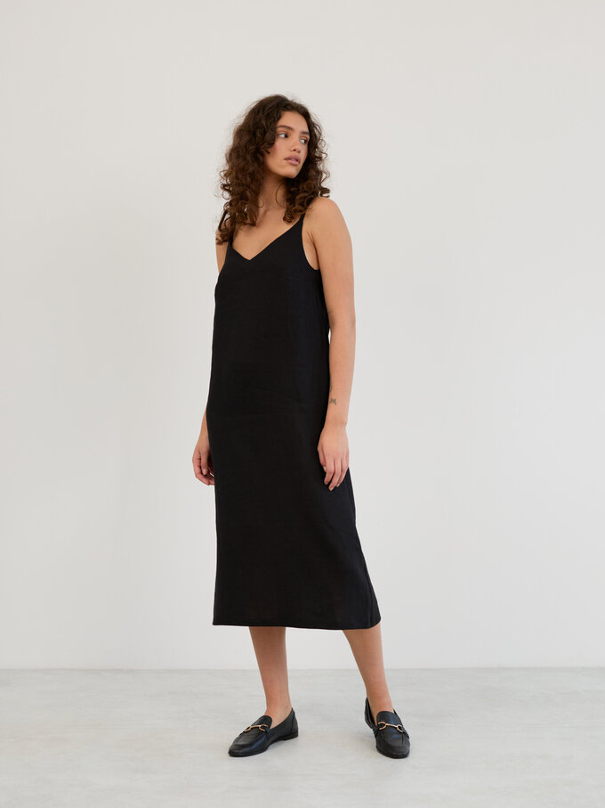 Image 5 of Linen V-Neck Slip Midi Dress in Black WILLOW from Love and Confuse | Handmade Linen Clothing for Women