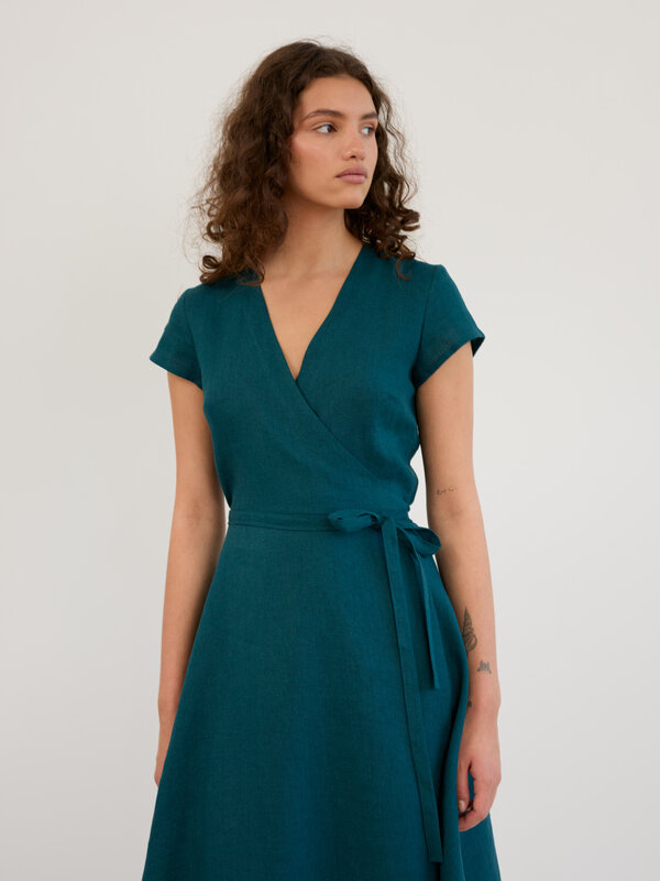 Image 1 of Linen Short Sleeve Wrap Midi Dress in Emerald Blue AYLA from Love and Confuse | Handmade Linen Clothing for Women