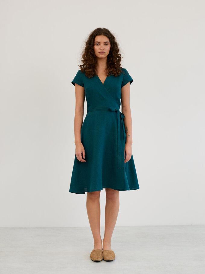 Image 2 of Linen Short Sleeve Wrap Midi Dress in Emerald Blue AYLA from Love and Confuse | Handmade Linen Clothing for Women