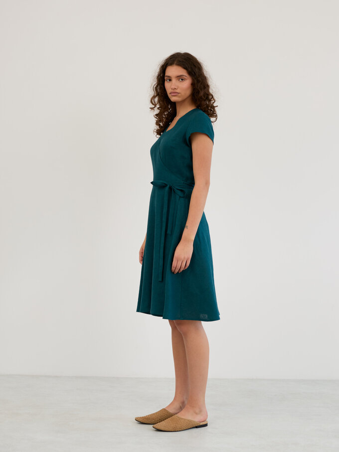 Image 3 of Linen Short Sleeve Wrap Midi Dress in Emerald Blue AYLA from Love and Confuse | Handmade Linen Clothing for Women