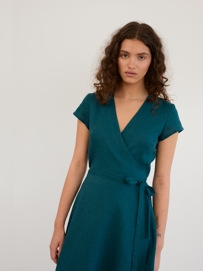 Image 4 of Linen Short Sleeve Wrap Midi Dress in Emerald Blue AYLA from Love and Confuse | Handmade Linen Clothing for Women