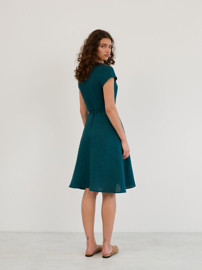 Image 6 of Linen Short Sleeve Wrap Midi Dress in Emerald Blue AYLA from Love and Confuse | Handmade Linen Clothing for Women