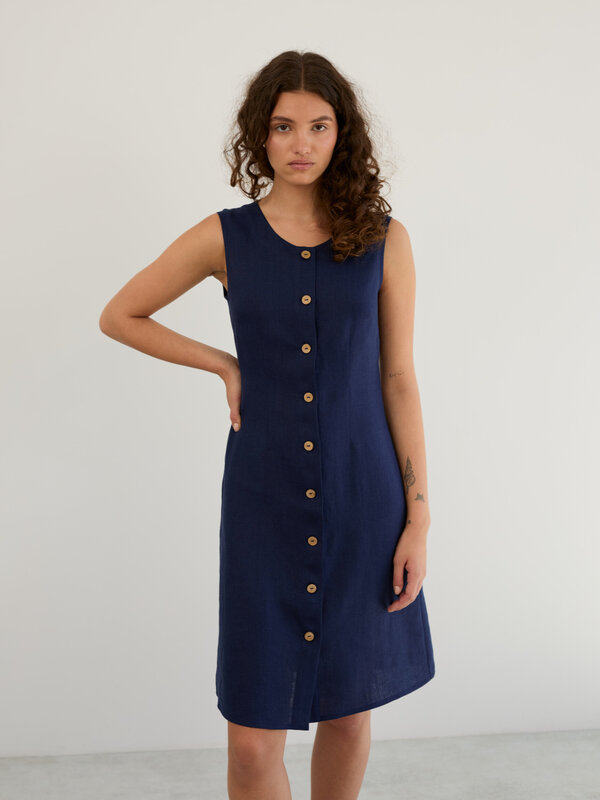 Image 1 of Linen Sleeveless Button Front Dress in Navy Blue IMOGEN from Love and Confuse | Handmade Linen Clothing for Women