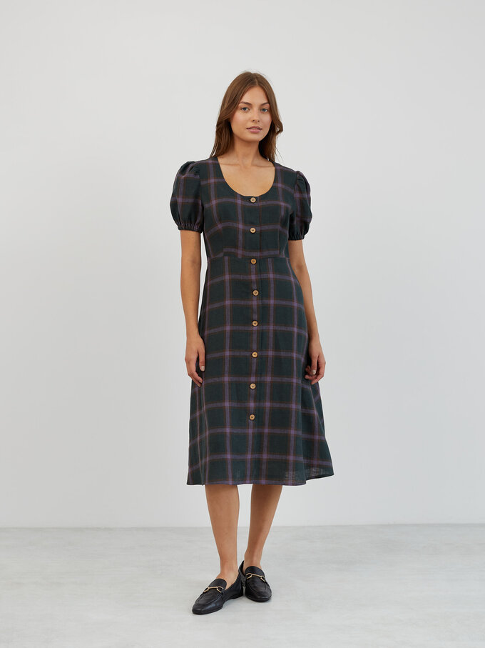 Image 1 of Puff Sleeve Linen Midi Dress in Plaid Purple AURELIA from Love and Confuse | Handmade Linen Clothing for Women