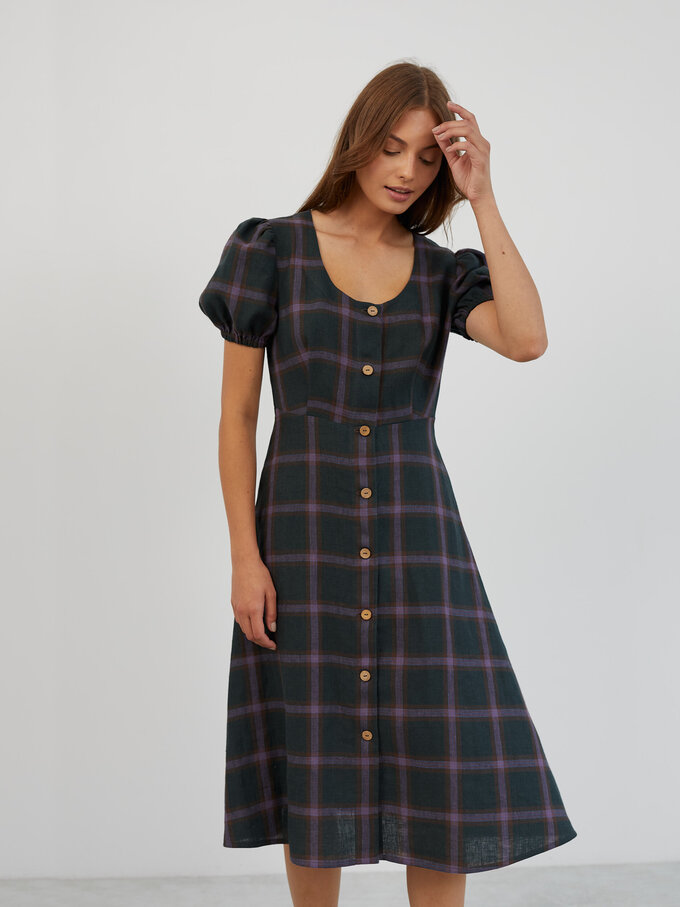 Image 2 of Puff Sleeve Linen Midi Dress in Plaid Purple AURELIA from Love and Confuse | Handmade Linen Clothing for Women