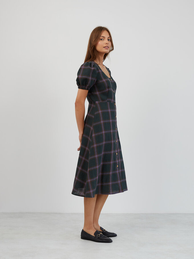 Image 3 of Puff Sleeve Linen Midi Dress in Plaid Purple AURELIA from Love and Confuse | Handmade Linen Clothing for Women