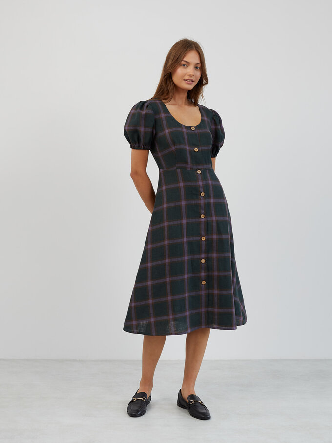 Image 5 of Puff Sleeve Linen Midi Dress in Plaid Purple AURELIA from Love and Confuse | Handmade Linen Clothing for Women