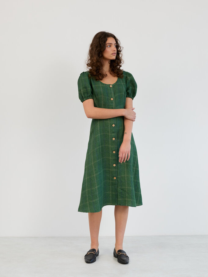 Image 1 of Linen Puff Sleeve Midi Dress in Green Plaid AURELIA from Love and Confuse | Handmade Linen Clothing for Women