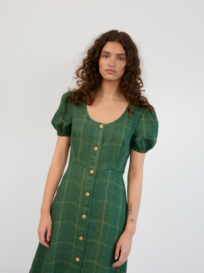 Image 2 of Linen Puff Sleeve Midi Dress in Green Plaid AURELIA from Love and Confuse | Handmade Linen Clothing for Women