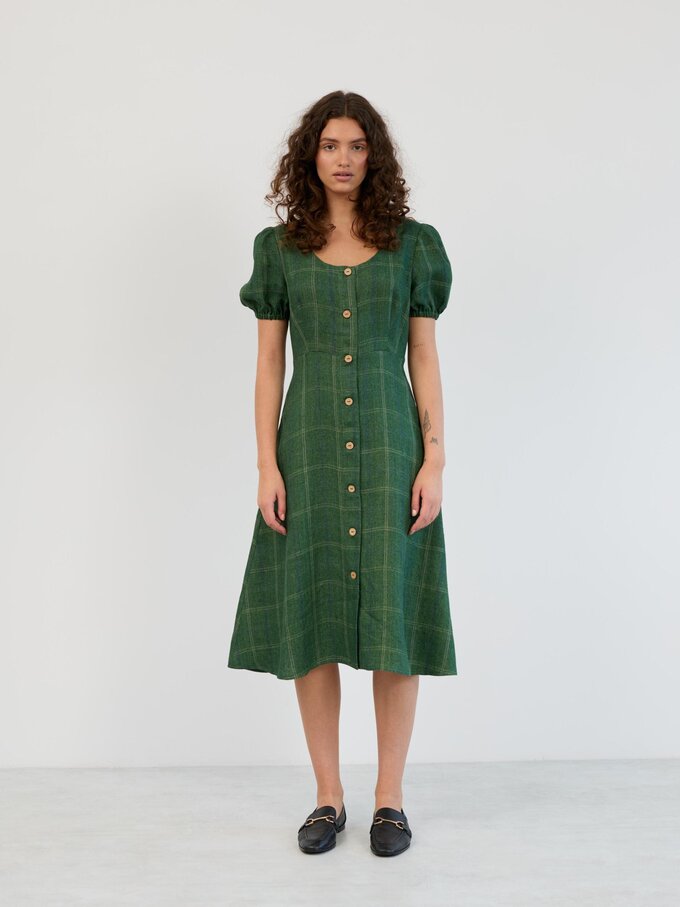 Image 3 of Linen Puff Sleeve Midi Dress in Green Plaid AURELIA from Love and Confuse | Handmade Linen Clothing for Women