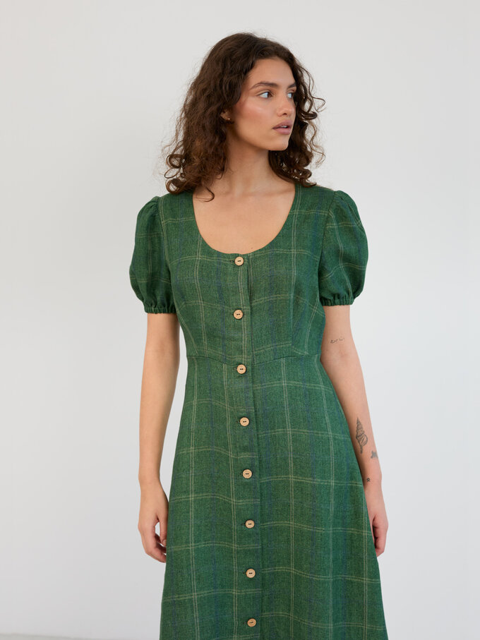 Image 4 of Linen Puff Sleeve Midi Dress in Green Plaid AURELIA from Love and Confuse | Handmade Linen Clothing for Women