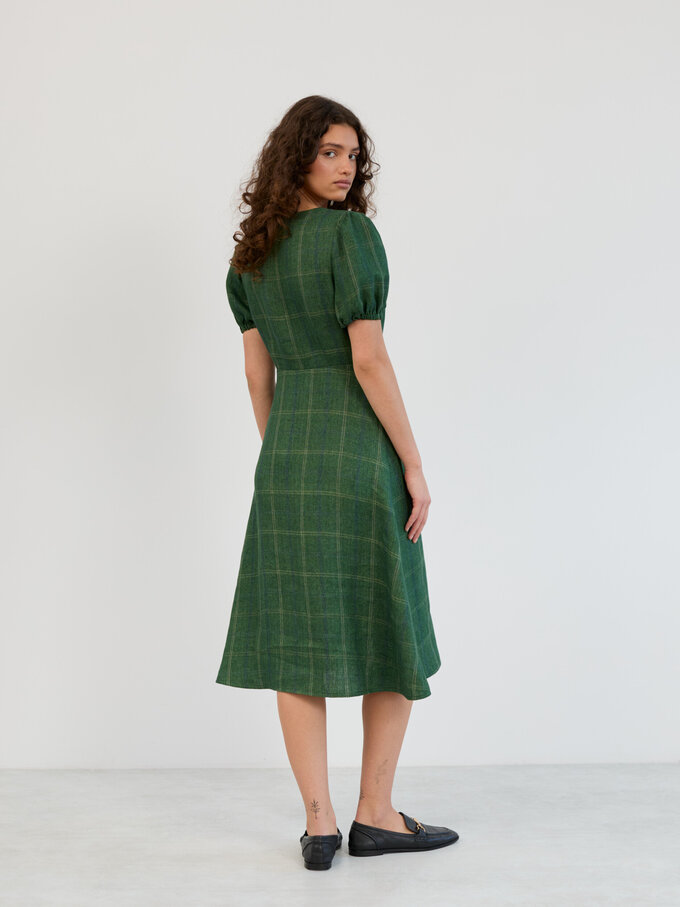 Image 5 of Linen Puff Sleeve Midi Dress in Green Plaid AURELIA from Love and Confuse | Handmade Linen Clothing for Women