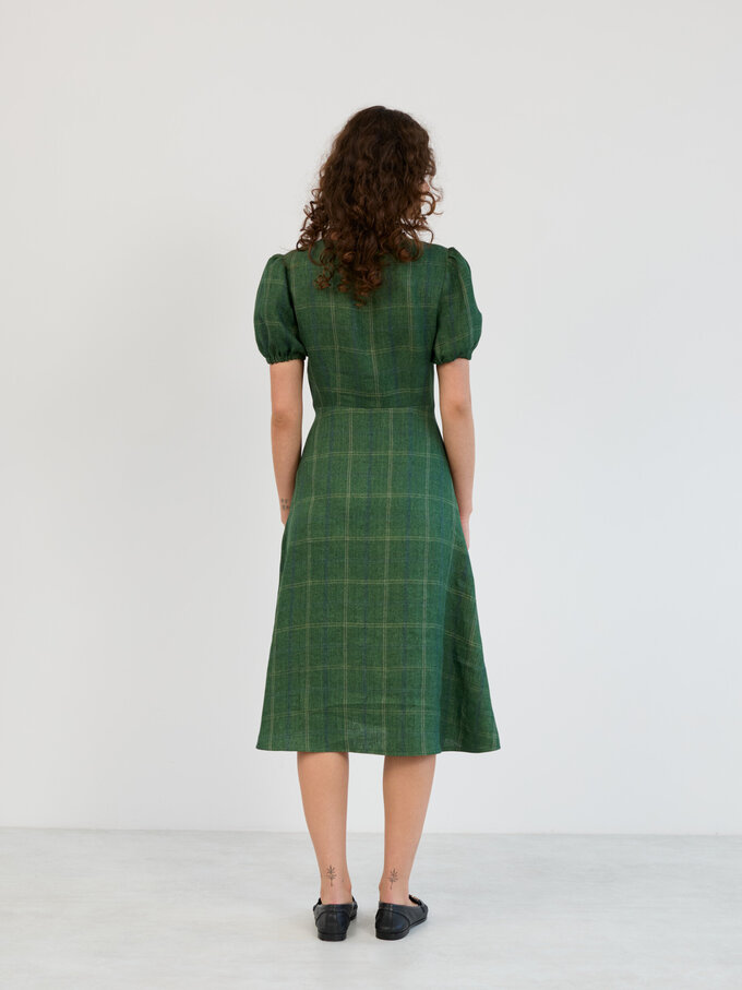 Image 6 of Linen Puff Sleeve Midi Dress in Green Plaid AURELIA from Love and Confuse | Handmade Linen Clothing for Women