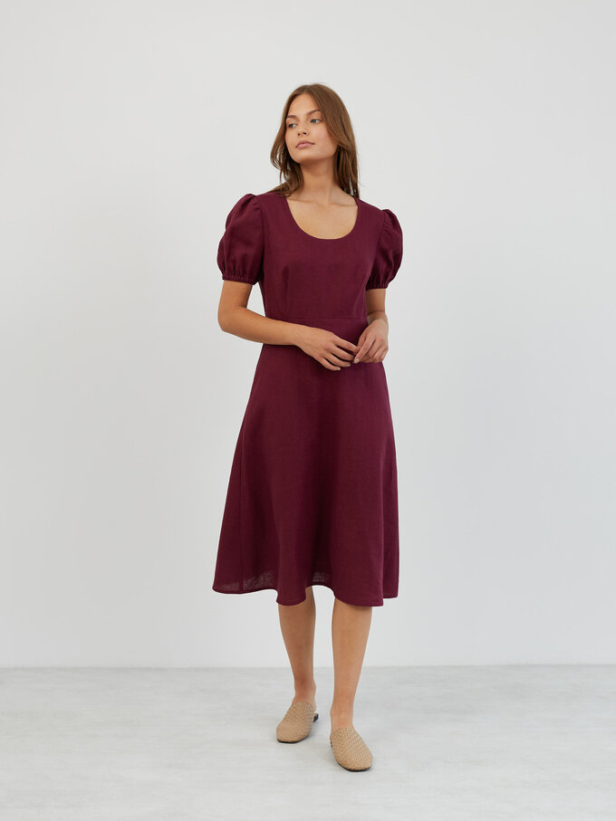 Image 1 of Puff Sleeve Linen Midi Dress in Eggplant CAROLINA from Love and Confuse | Handmade Linen Clothing for Women