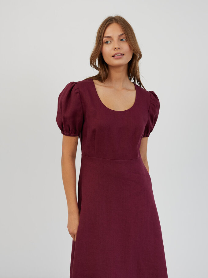 Image 2 of Puff Sleeve Linen Midi Dress in Eggplant CAROLINA from Love and Confuse | Handmade Linen Clothing for Women