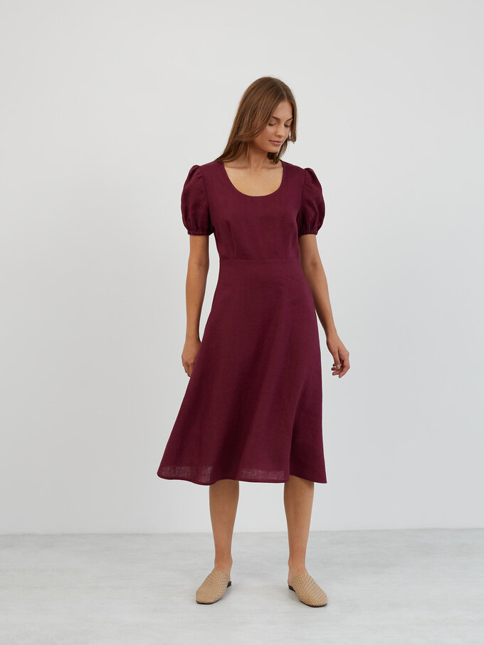 Image 3 of Puff Sleeve Linen Midi Dress in Eggplant CAROLINA from Love and Confuse | Handmade Linen Clothing for Women