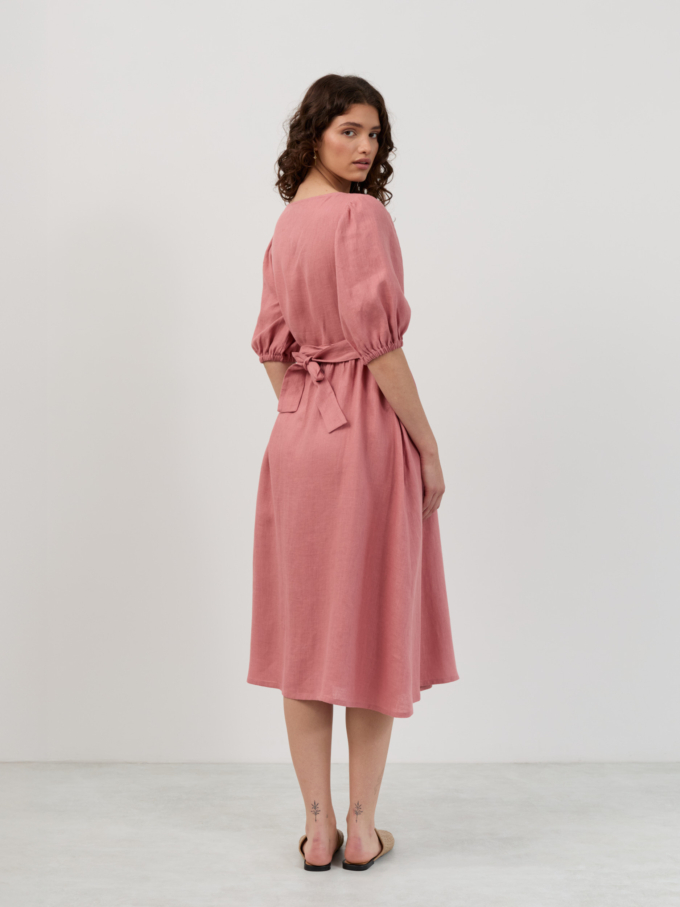 ruffled linen wrap midi dress Beige Cotton Linen Ruffle Midi Wrap Dress 42" / Petite (5'1" and below)
