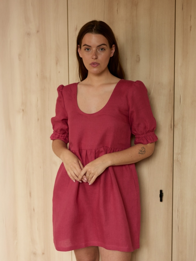 Image 2 of ZAHARA puff sleeve linen mini dress in Raspberry, featuring a scoop neckline and A-line skirt, from Love and Confuse.