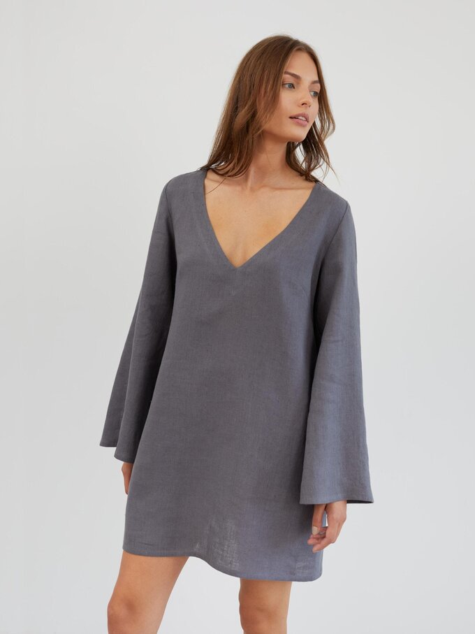 Image 1 of Linen Mini Dress with Bell Sleeves in Light Grey UMA from Love and Confuse | Handmade Linen Clothing for Women