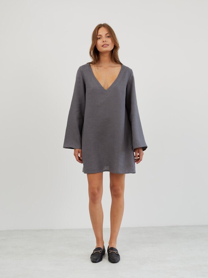 Image 2 of Linen Mini Dress with Bell Sleeves in Light Grey UMA from Love and Confuse | Handmade Linen Clothing for Women