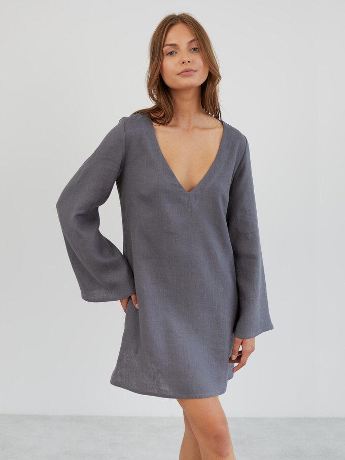 Image 3 of Linen Mini Dress with Bell Sleeves in Light Grey UMA from Love and Confuse | Handmade Linen Clothing for Women