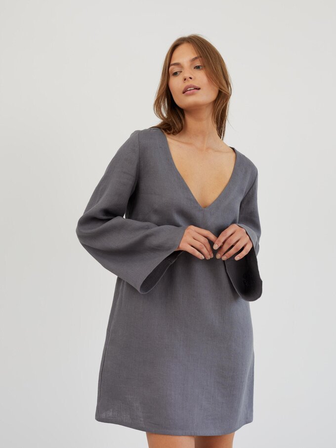 Image 5 of Linen Mini Dress with Bell Sleeves in Light Grey UMA from Love and Confuse | Handmade Linen Clothing for Women