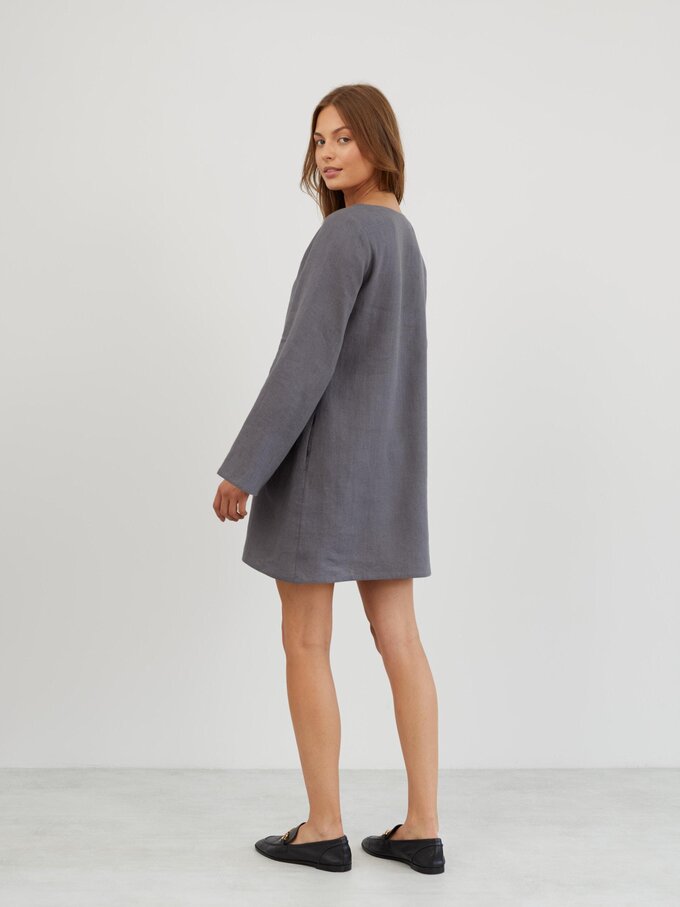 Image 6 of Linen Mini Dress with Bell Sleeves in Light Grey UMA from Love and Confuse | Handmade Linen Clothing for Women