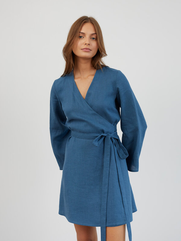 Image 1 of Linen Wrap Mini Dress in Sea Blue LYDIA from Love and Confuse | Handmade Linen Clothing for Women