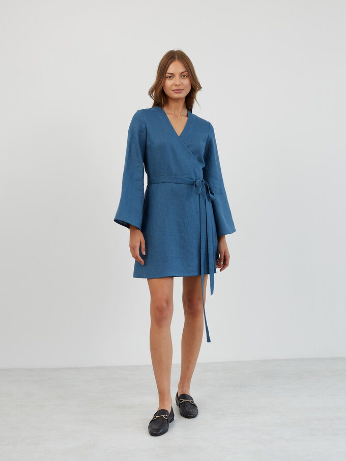 Image 2 of Linen Wrap Mini Dress in Sea Blue LYDIA from Love and Confuse | Handmade Linen Clothing for Women