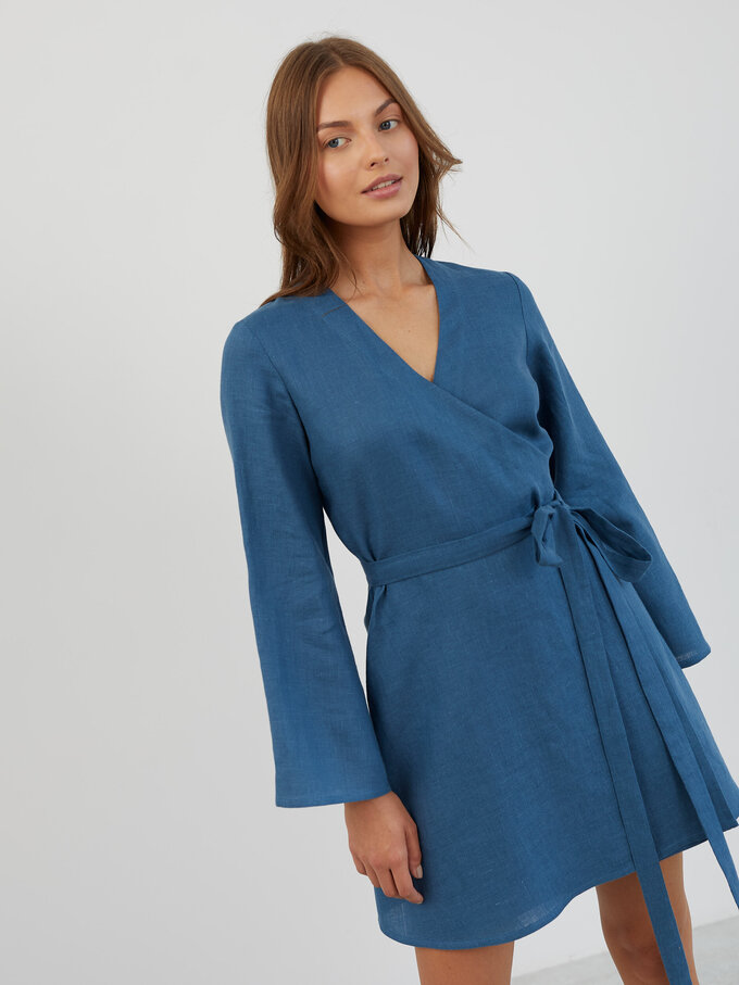 Image 3 of Linen Wrap Mini Dress in Sea Blue LYDIA from Love and Confuse | Handmade Linen Clothing for Women