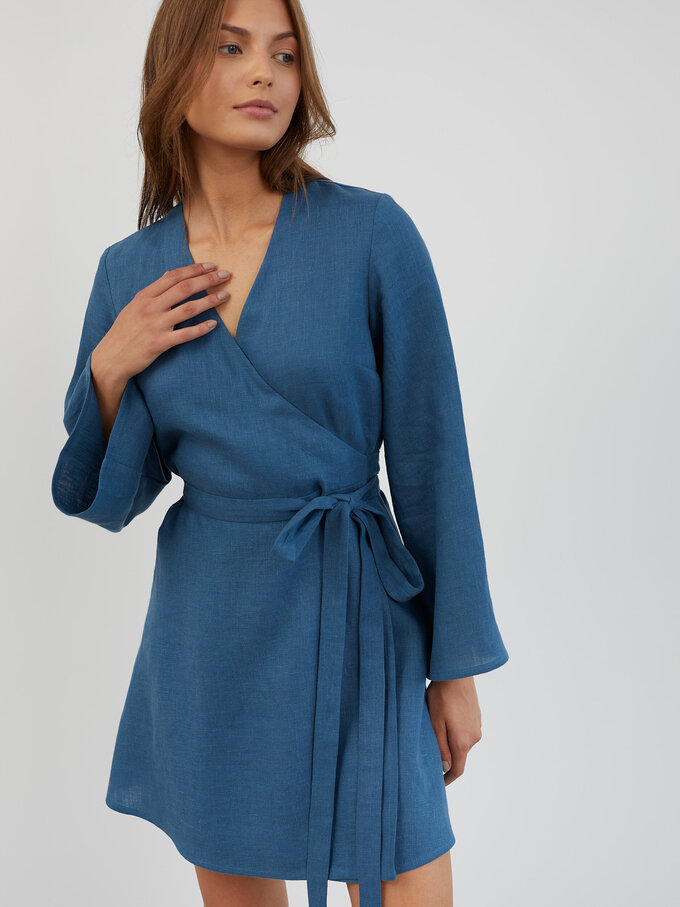 Image 5 of Linen Wrap Mini Dress in Sea Blue LYDIA from Love and Confuse | Handmade Linen Clothing for Women