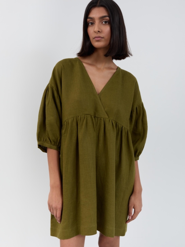 Image 1 of Linen Mini Wrap Dress Jane in Moss Green