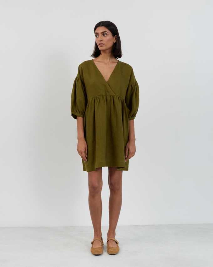 moss green mini dress Linen Mini Wrap Dress Jane
