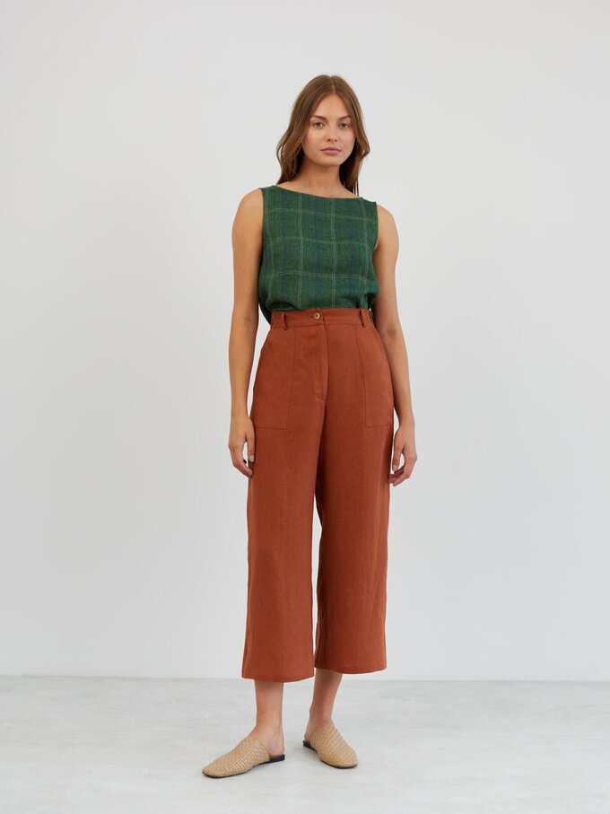 Image 1 of Cropped Wide Leg Linen Pants in Rust OCEAN from Love and Confuse | Handmade Linen Clothing for Women